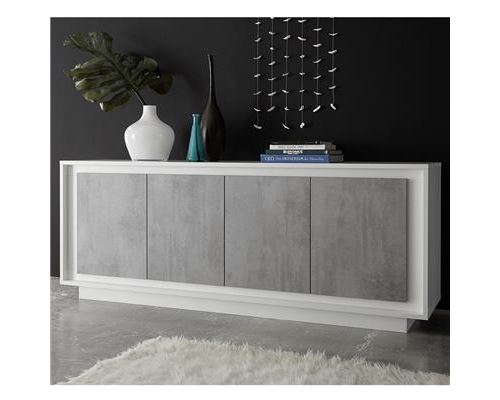 bahut blanc laqué mat et effet béton moderne HAMILTON - Blanc - L 207 x P 50 x H 80 cm
