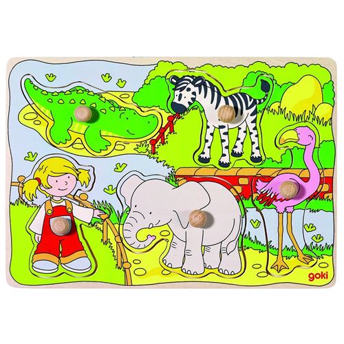 GOKI  - 2041559 - puzzle en bois &agrave; encastrement - au zoo - 5 pi&egrave;ces 