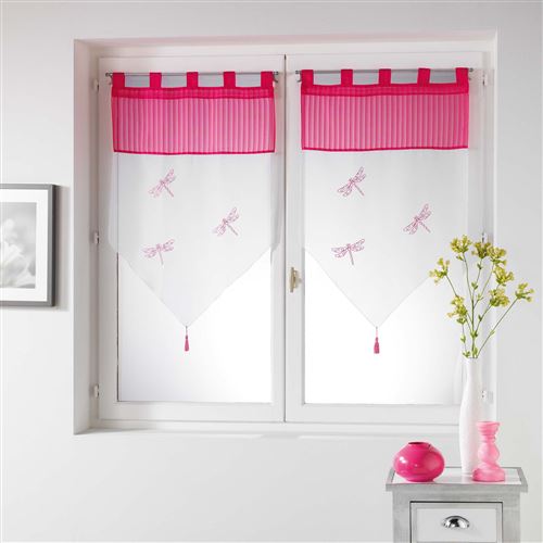 Paire pompon passants 2 x 60 x 120 cm voile brode top raye libellula Fuchsia