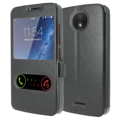 Housse Motorola Moto C Plus Housse Coque de protection S-View Folio Flip Cover [ADVANSIA] (Windows View) Flip Cover [Noir] [Cuir]