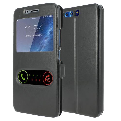 Housse Huawei Honor 9 Housse Coque de protection S-View Folio Flip Cover [ADVANSIA] (Windows View) Flip Cover [Noir] [Cuir]