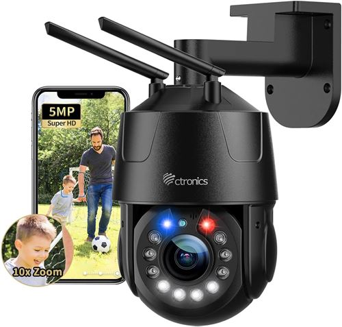 Ctronics PTZ Caméra Surveillance WiFi 5MP 10x Optique Zoom Extérieure Détection Humaine Vision Nocturne 100M Sirène Alarm Lumière