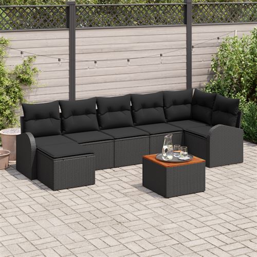Non Communiqué Noir Ensemble De Canapés De Jardin En 8 Pièces Avec Coussins Poly Rotin Acacia, Canapé De Jardin 2 Places Avec Rangement Et Cou