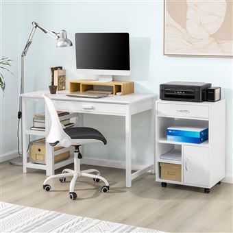 Support Imprimante Roulant SoBuy Avec Tiroirs - Meuble Bureau Mobile Blanc 60x35x70 Cm - Rangement Organisé