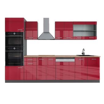 Vicco Cuisine R-Line, Bordeaux haute brillance/anthracite, 300cm avec armoire haute, PT Chêne - 1