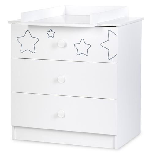 KLUPS TINO Commode enfant 3 tiroirs motifs étoiles + plan à langer amovible Blanc