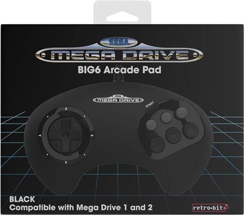 Retro-bit - Manette Filaire Noire BIG6 Sega Mega Drive Genesis - Port d origine