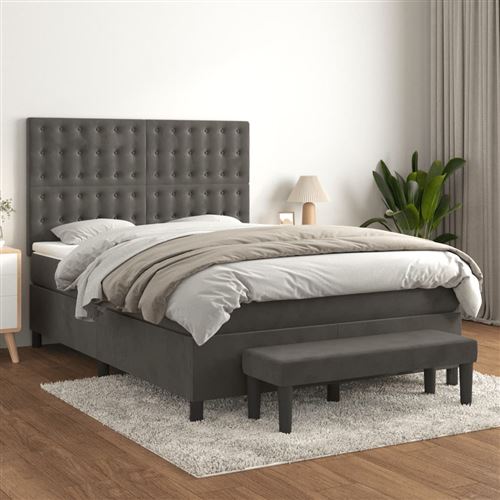 vidaXL Lit à sommier tapissier et matelas Gris foncé 140x190cm Velours