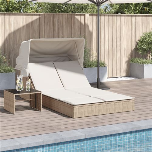 Vidaxl Beige Chaise Longue Double Avec Auvent Et Coussins Poly Rotin - Image 2
