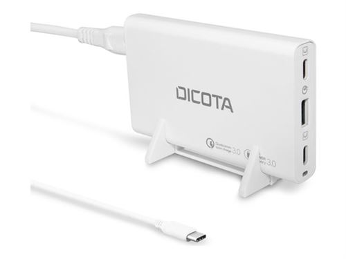 DICOTA - Adaptateur secteur - universel - 65 Watt - PD 3.0, QC 4.0+ - 3 connecteurs de sortie (2 x USB-C, USB) - sur le câble : USB-C - blanc
