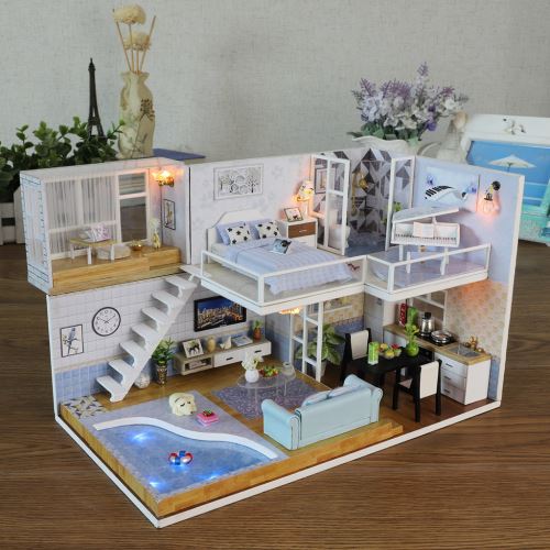 Maison miniature Bricolage 3D en bois Meubles LED Maison Puzzle décorez cadeaux Creative Pealer7662