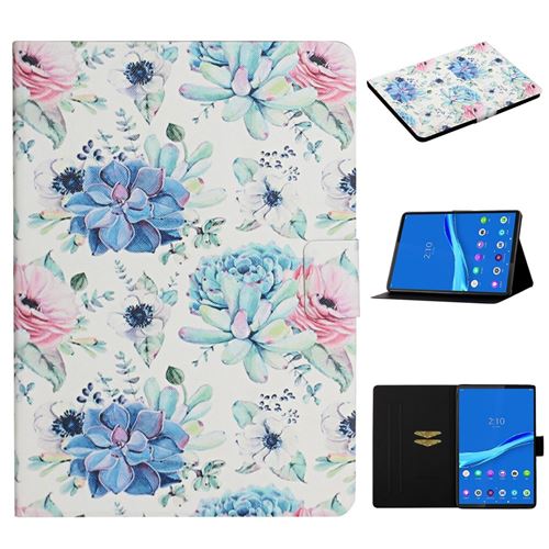 Etui en PU impression de motifs de fleurs avec support et porte-cartes fleur bleue pour votre Lenovo Smart Tab M10FHD