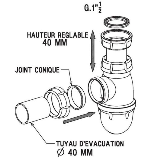 Siphon à tasse réglage en hauteur pour évier - Sortie diamètre 40 mm -  Installations cuisine - Achat & prix