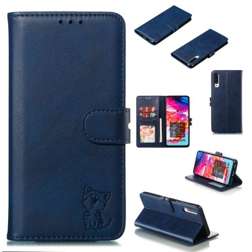 Etui en PU modèle de chat bleu pour votre Samsung Galaxy A70