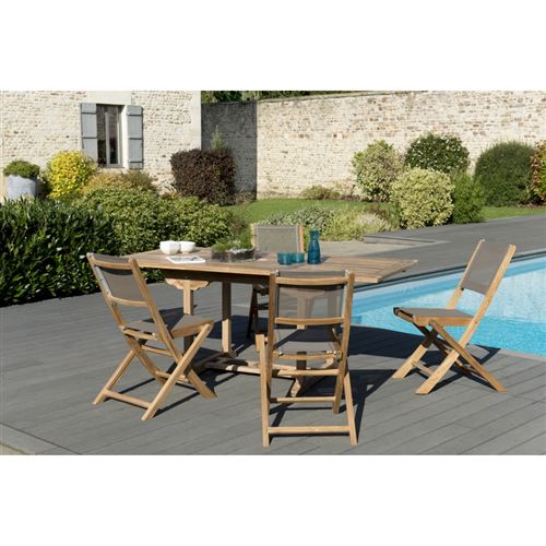 Salon de jardin bois teck grade A: 1 table rectangulaire ext 120/180*90cm et 2 lots de 2 chaises pliantes textilène taupe