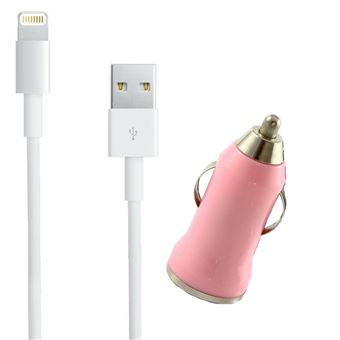 Cable USB Lightning + Chargeur Voiture Rose pour Apple iPhone XS MAX - Cable Chargeur Port USB Data Chargeur Synchronisation Transfert Donnees Mesure 1 Metre Chargeur Voiture Auto Allume Cigare Phonillico® - 1