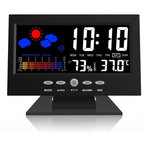 FISHTEC Station Meteo Couleur avec Activation Sonore - Temperature + Humidite + Tendances + Heure, Fonction Alarme - Grand Ecran LCD