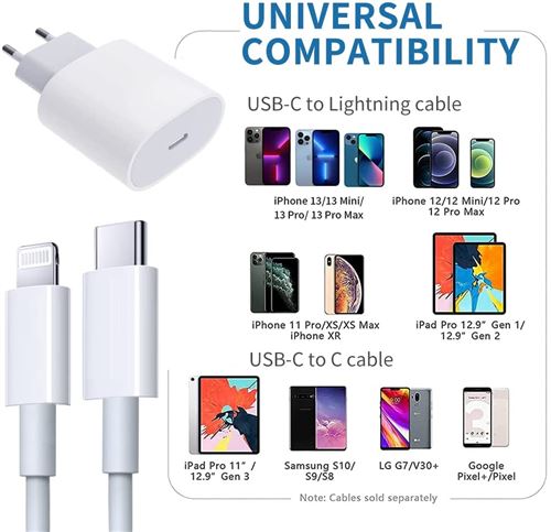 Chargeur Rapide 25W IPhone - 2 Packs + 2 Câbles 2m, USB-C PD3.0