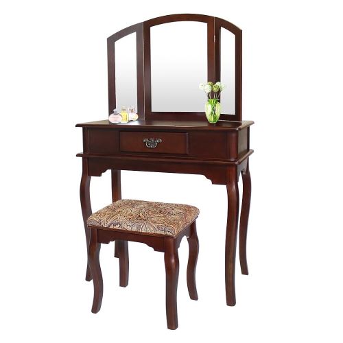 Todeco - Coiffeuse, Table de Maquillage, 1 tiroir, 3 miroirs, Marron, Matériau: MDF, Bois de Paulownia