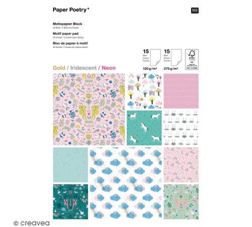 Bloc papier scrap A4 à motif - Gold, Iridescent - Néon - Wonderland - 30 feuilles