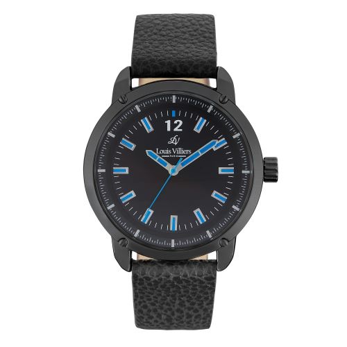 Montre Homme Louis Villiers Mouvement Quartz Cadran Noir 41mm Et Bracelet Noir En Cuir LV1089
