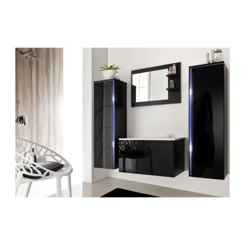 Salle de bain complète DREAM noir façade laqué, brillante high gloss + led + vasque en céramique + miroir.