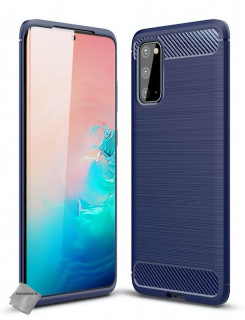 Coque silicone gel carbone pour Samsung Galaxy S20 avec verre trempe - BLEU FONCE