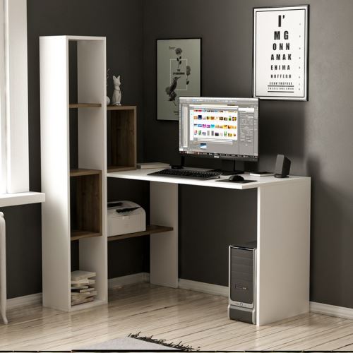 HOMEMANIA Bureau Juliet avec Bibliothèque Intégrée, Étagères - pour Bureau, Chambre - Blanc, Noyer en Bois, 120 x 90 x 151,8 cm