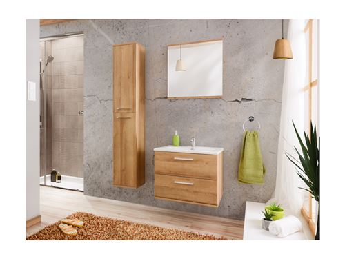 Meuble de salle de bain naturel clair avec simple vasque, miroir et colonne de rangement - 60 cm - KAYLA