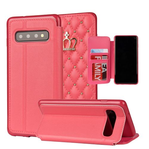 Etui en PU porte-couronne à piqûre losange avec fentes pour cartes de crédit rose pour Samsung Galaxy S10