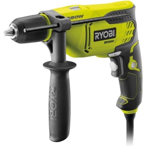 Ryobi - Perceuse A Percussion 680 W - 3 000 Cp/Min - Mandrin 13 Mm - Blocage D'Arbre Auto + Coffret & Butée De Profondeur - Rpd680-K
