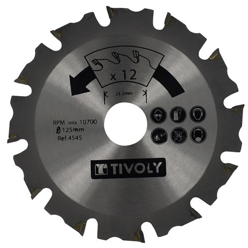 Lame de Scie à Bois Ø125mm TIVOLY 12 dents alesage Ø22,22mm Acier Carbure Spécial Meuleuse pour tout type de bois