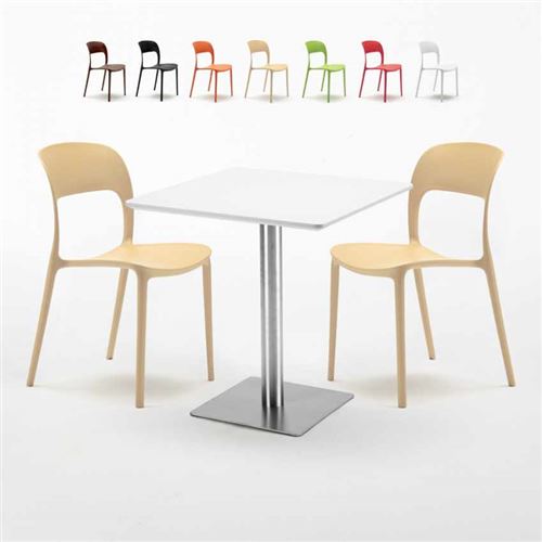 Table carrée blanche 70x70 avec pied en acier et 2 chaises colorées Restaurant Strawberry, Couleur: Beige