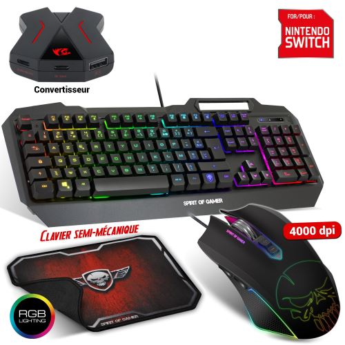 Pack Power gaming clavier semi-mécanique, souris, tapis compatible console Switch - RGB - Rétro éclairé