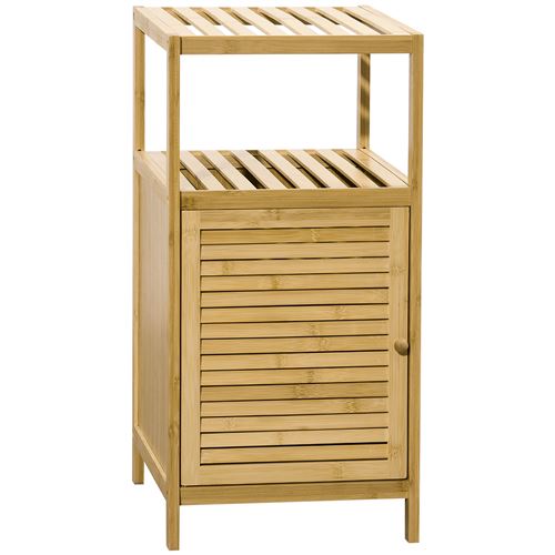 Non Communiqué Beige Meuble Bas Salle De Bain Rangement Salle De Bain 1 Porte 2 Étagères Bois Bambou Verni