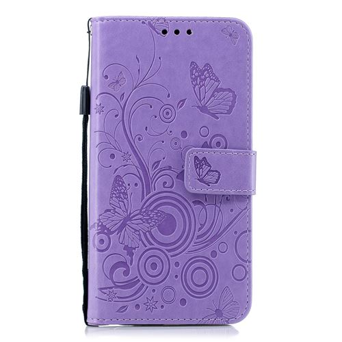 Etui en PU fleur papillon violet pour votre Samsung Galaxy J6 Plus