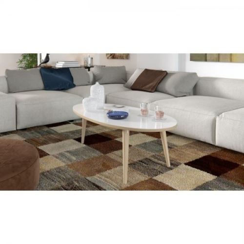 NARVIK Table basse ovale style scandinave blanc brillant avec pieds en bois - L 110 x l 55 cm