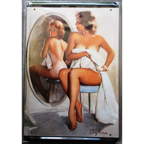 plaque pin up avec coup de soleil devant son miroir affiche