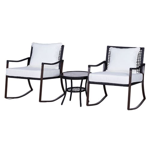 Ensemble de jardin 3 pièces style cosy 2 fauteuils à bascule avec coussins assise dossier + table basse résine tressée brun crème