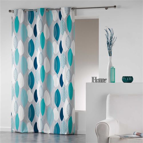 Rideau a oeillets 140 x 240 cm coton imprime leafy Bleu