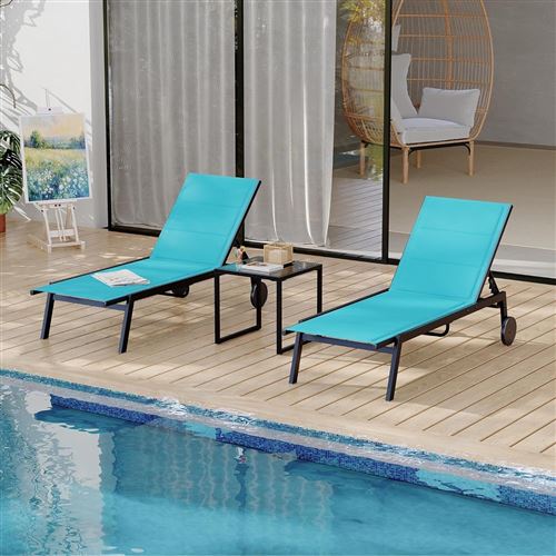 Ensemble Salon De Jardin 3Pcs,2pcs Chaise longue Jardin Transat Extérieur Textilène+1pc table basse,bain de soleil ,bleu