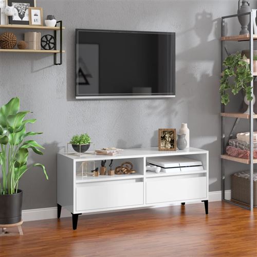Vidaxl Blanc Meuble Tv Brillant 100X34,5X44,5 Cm Bois D'ingénierie831903 - Image 2