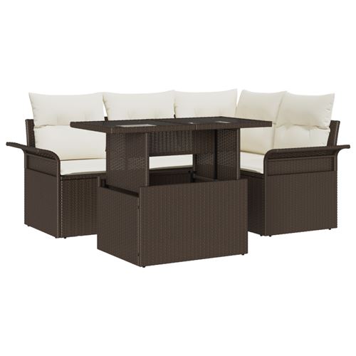 Non Communiqué Marron Ensemble De Canapé De Jardin 5 Pièces Avec Coussins Poly Rattan, Canapé De Jardin 2 Places Avec Rangement Et Coussins Ma