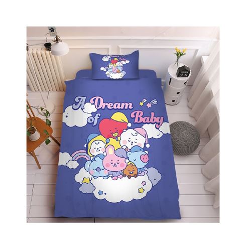 Set de housse de couette BT21 en coton 150x200cm avec drap housse 160*230cm et 2 taies d'oreiller 48*74cm - bleu