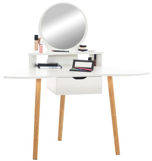 Coiffeuse moderne Russo en Bois dans le style scandinave avec Miroir rond Hauteur 110 cm, Couleur Blanc