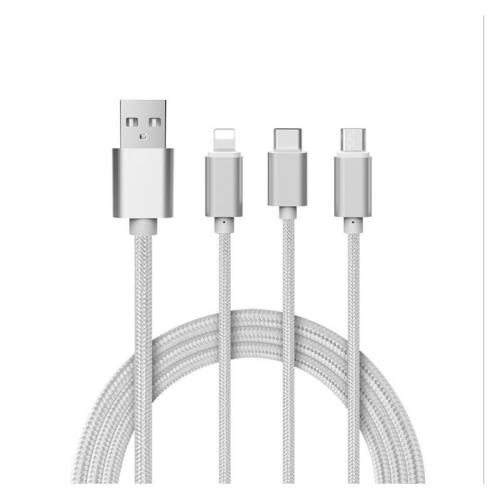 Cable 3 en 1 Pour LENOVO Phab 2 Pro Android, Apple & Type C Adaptateur Micro USB Lightning 1,5m Metal Nylon (ARGENT)