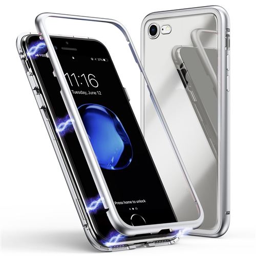 Coque pour iPhone SE 2020 - Coque Magnétique Argent + Verre Trempé - Protection Métal Film Vitre Ecran Ultra Résistant Phonillico®