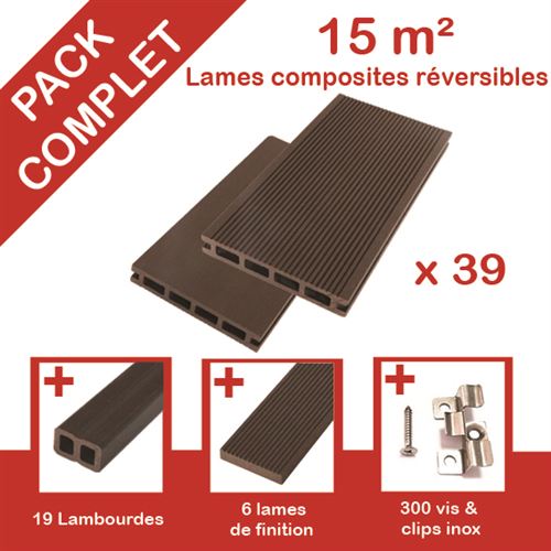Pack complet 15 m² lame de terrasse composite alvéolaire Chocolat - Green Outside - P15LT2600X1C