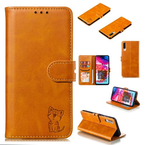 Etui en PU modèle de chat marron pour votre Samsung Galaxy A70