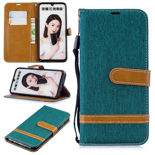 Etui en PU tissu jean bicolore avec support vert pour votre Huawei P Smart (2019)/Honor 10 Lite